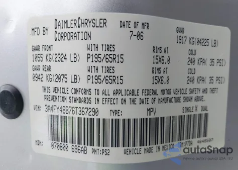 2006 Chrysler Pt Cruiser z USA, uszkodzony, nr VIN 3A4FY48B76T367290